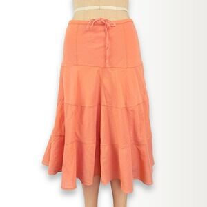 Boho Womens S M Peach Tiered Midi Skirt Flowy Ruffle Silk Blend Coastal